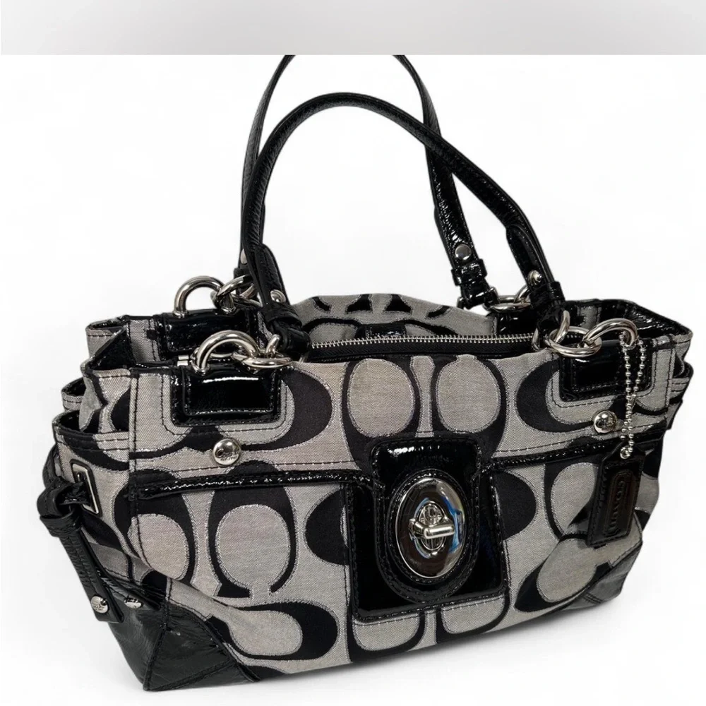 Coach Chelsea Signature Tote In Black and Gray w/ Patent Leather Trim - Picture 1 of 8